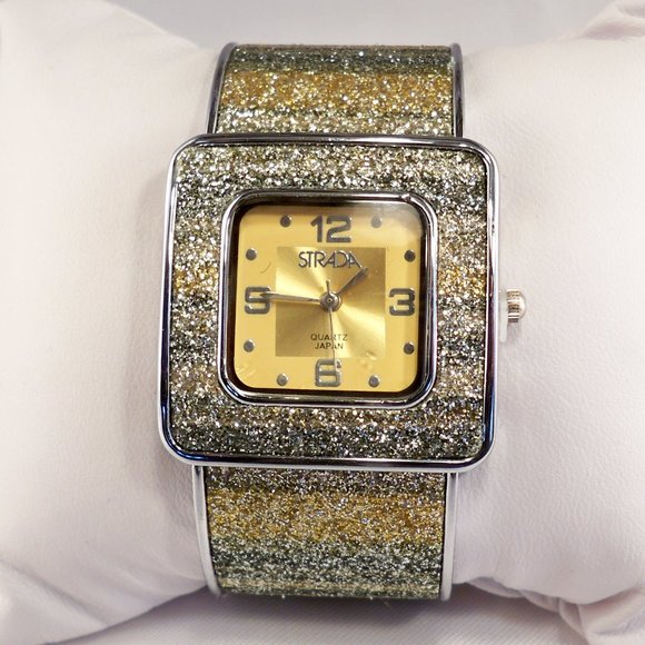 New Vintage Strada Gold Green Crystal Cuff Watch